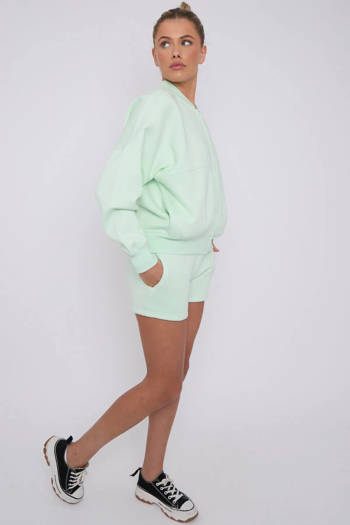 Bomber Neck Zip Through Top and  Shorts Loungewear Set Mint Cicay