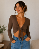 Women's Tie Knot Shrug Crop Top in Brown
