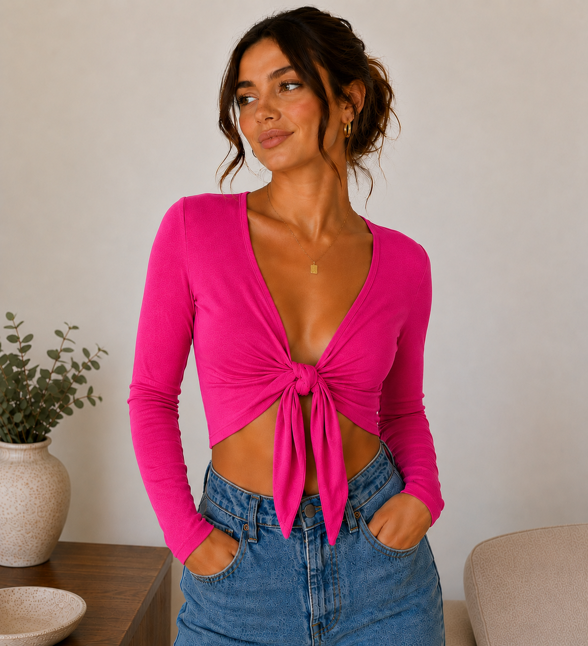 Women's Tie Knot Shrug Crop Top in Cerise