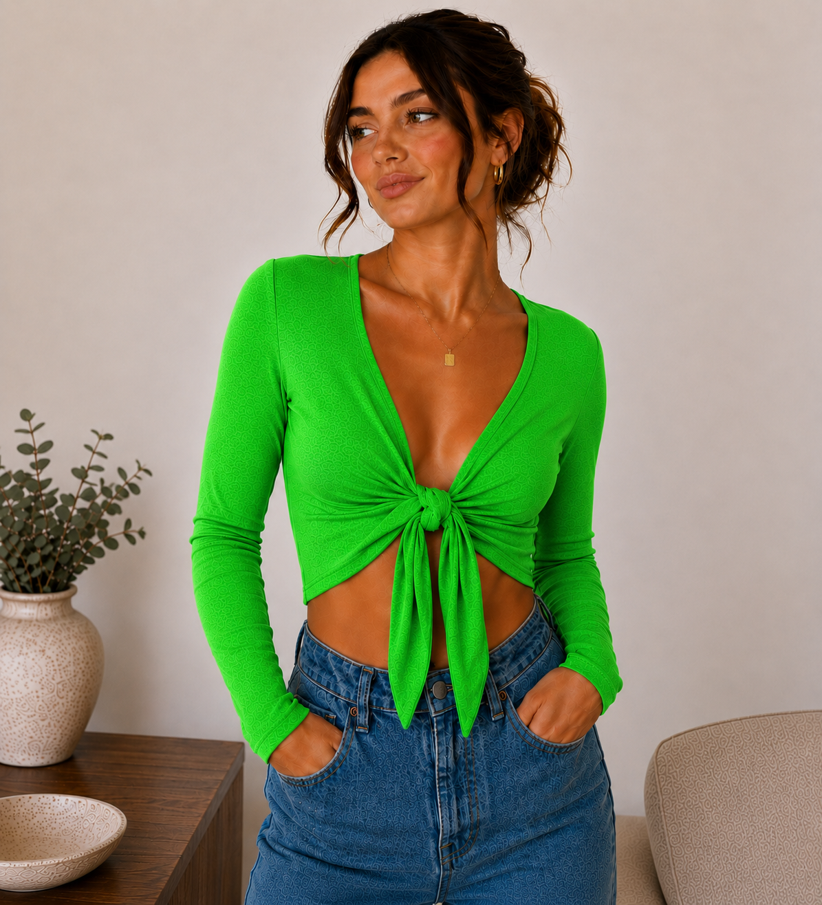 Women's Tie Knot Shrug Crop Top in Jade Green