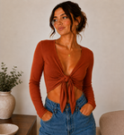 Women's Tie Knot Shrug Crop Top in Rust