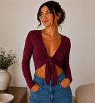 Women's Tie Knot Shrug Crop Top in Wine