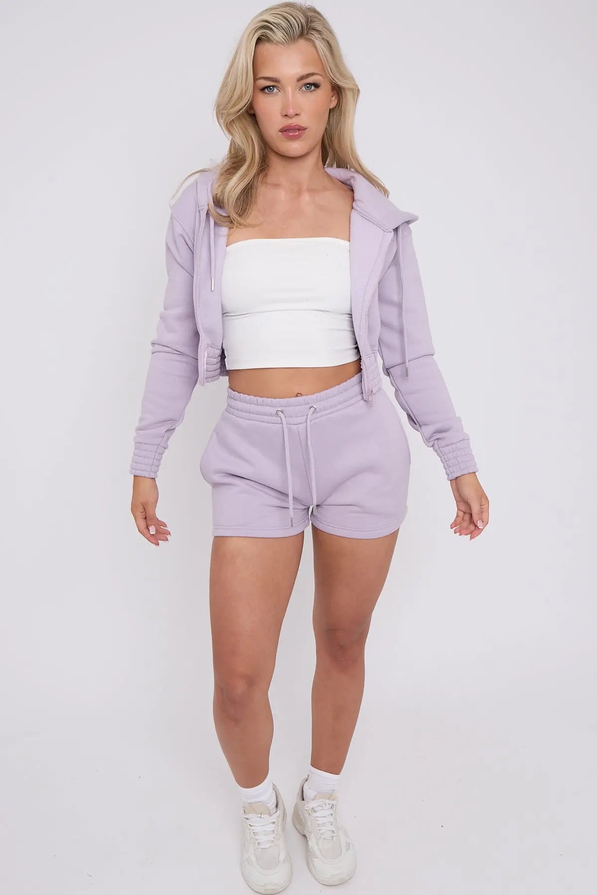 Cropped Ruched Waist Zipper Hoodie and Shorts Loungewear Co-Ord Set CICAY