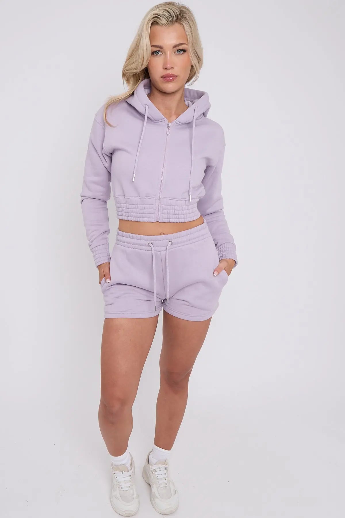 Cropped Ruched Waist Zipper Hoodie and Shorts Loungewear Co-Ord Set CICAY