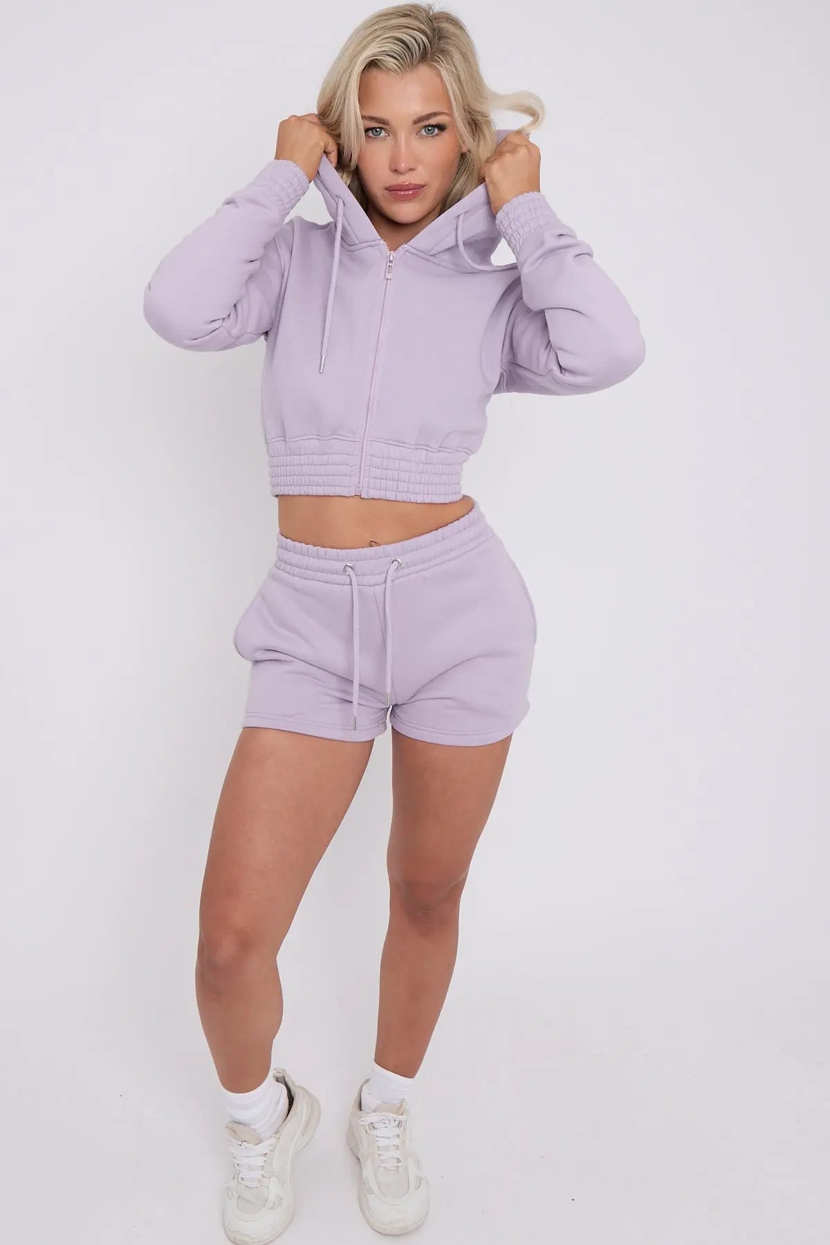 Cropped Ruched Waist Zipper Hoodie and Shorts Loungewear Co-Ord Set CICAY