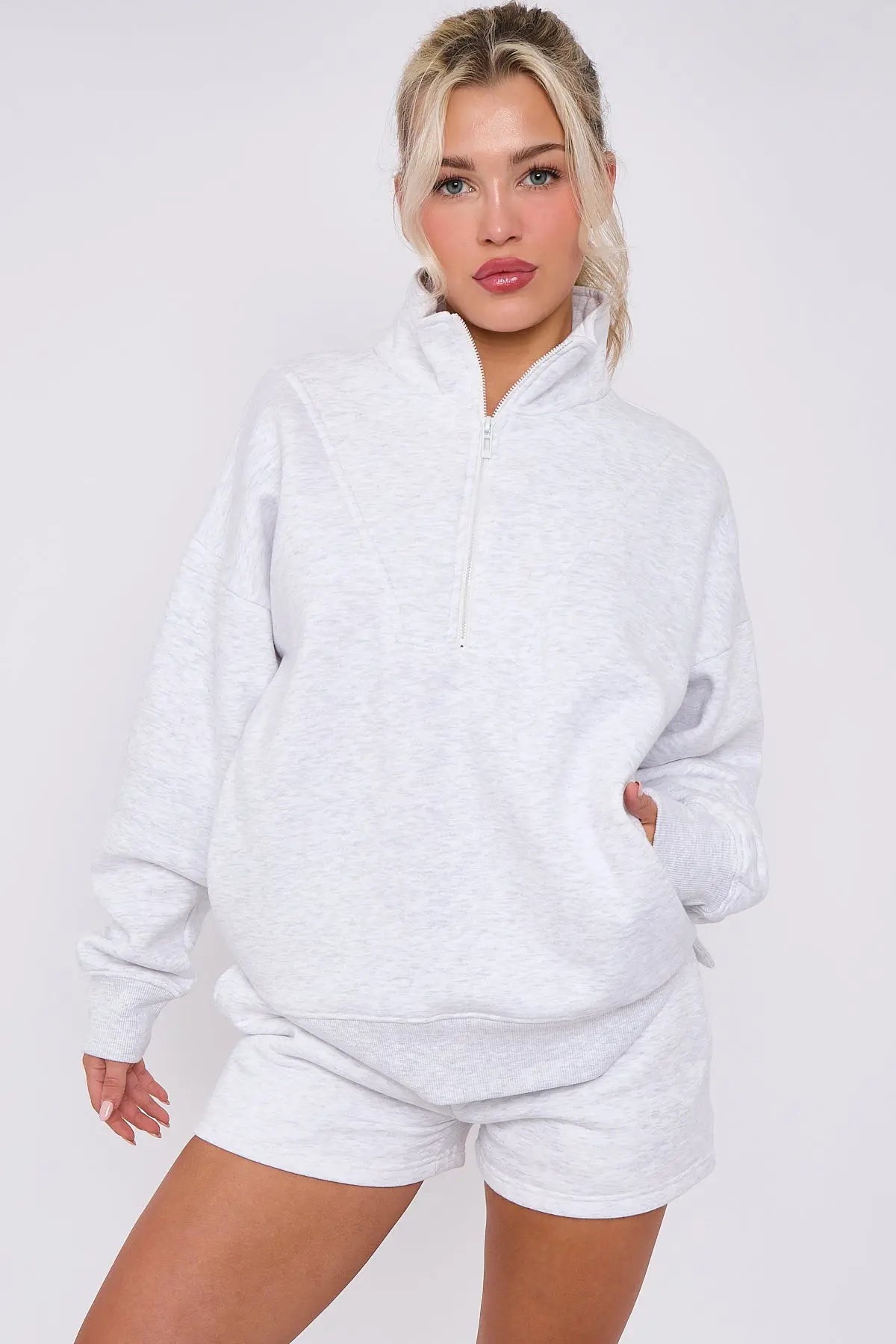 Half Zip Sweat Shirt Top And Shorts Loungewear Set in Fleece CICAY