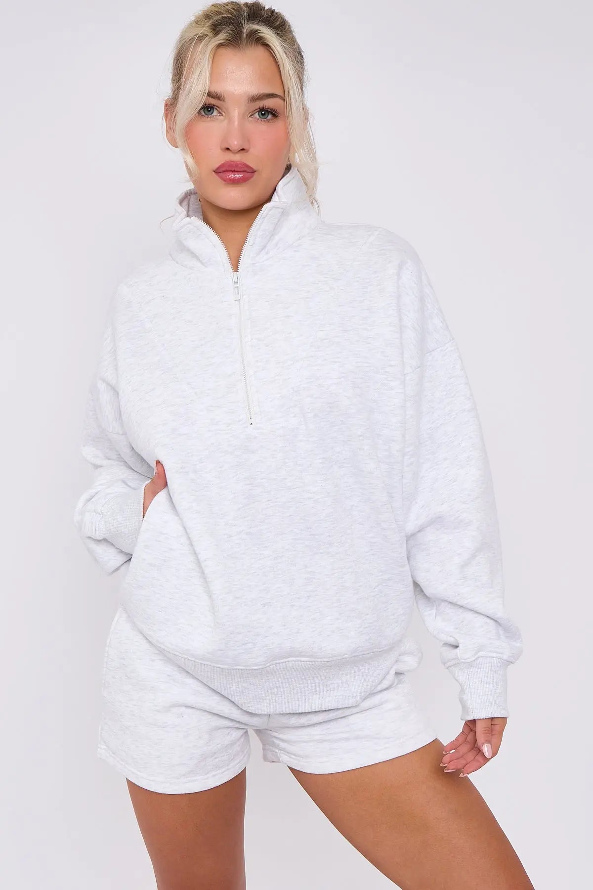 Half Zip Sweat Shirt Top And Shorts Loungewear Set in Fleece CICAY