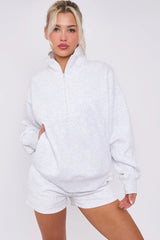 Half Zip Sweat Shirt Top And Shorts Loungewear Set in Fleece