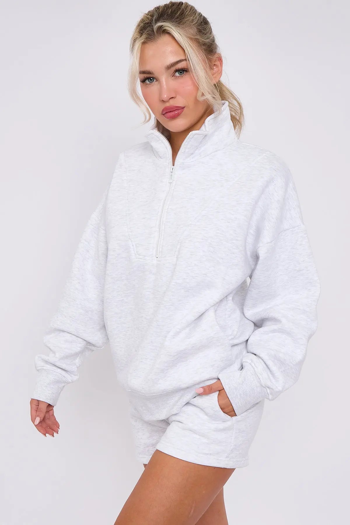 Half Zip Sweat Shirt Top And Shorts Loungewear Set in Fleece CICAY