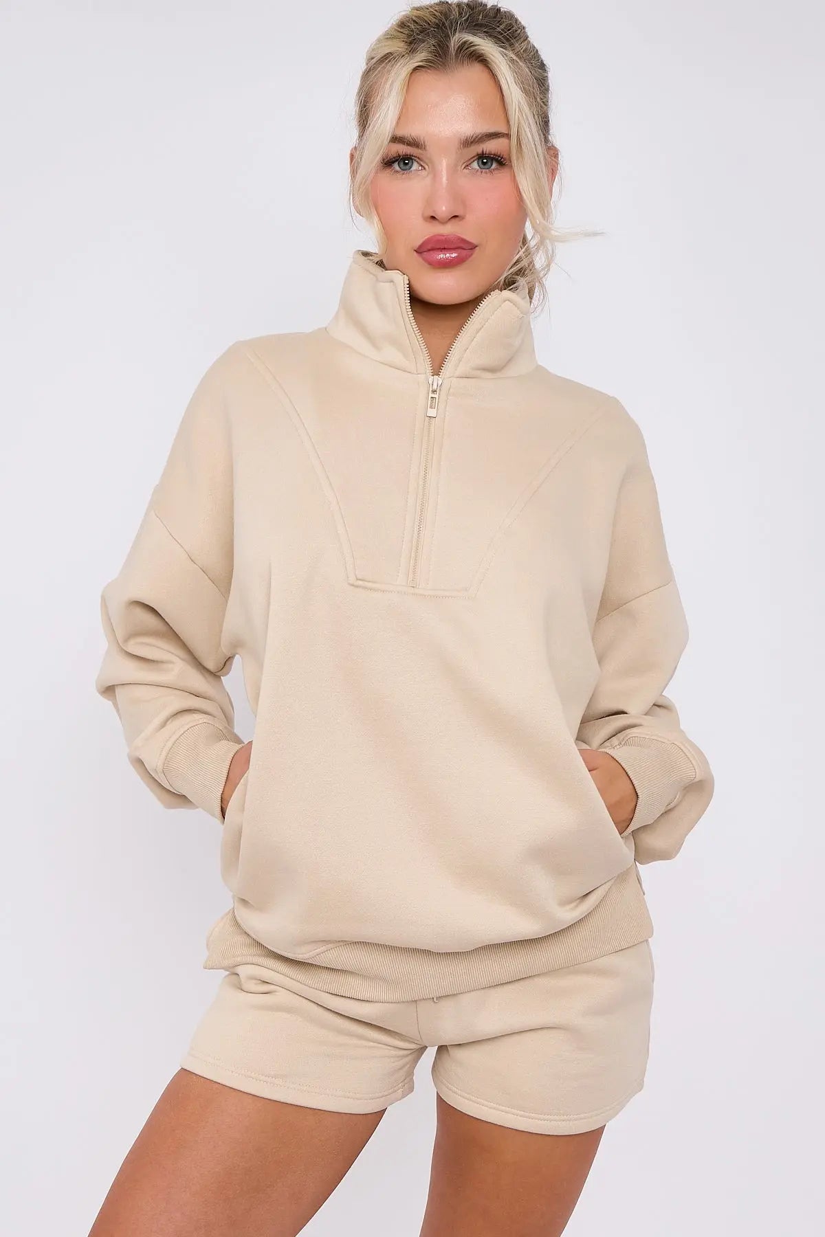 Half Zip Sweat Shirt Top And Shorts Loungewear Set in Fleece CICAY