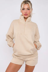 Half Zip Sweat Shirt Top And Shorts Loungewear Set in Fleece