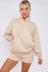 Half Zip Sweat Shirt Top And Shorts Loungewear Set in Fleece CICAY