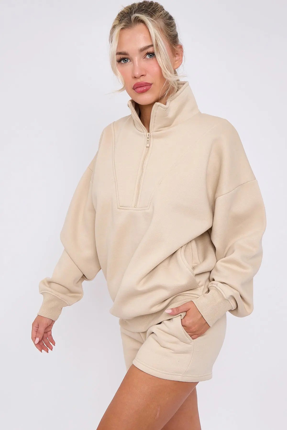 Half Zip Sweat Shirt Top And Shorts Loungewear Set in Fleece CICAY