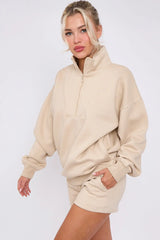 Half Zip Sweat Shirt Top And Shorts Loungewear Set in Fleece