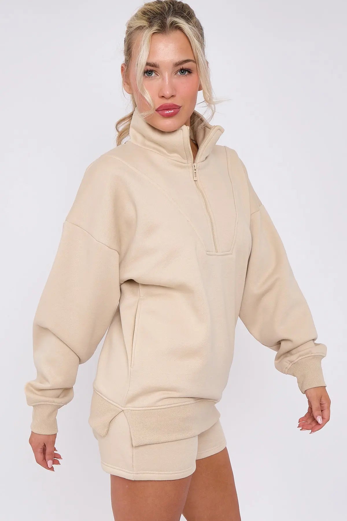 Half Zip Sweat Shirt Top And Shorts Loungewear Set in Fleece CICAY