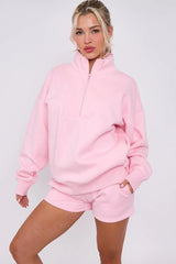 Half Zip Sweat Shirt Top And Shorts Loungewear Set in Fleece CICAY