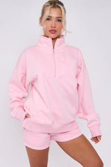 Half Zip Sweat Shirt Top And Shorts Loungewear Set in Fleece CICAY