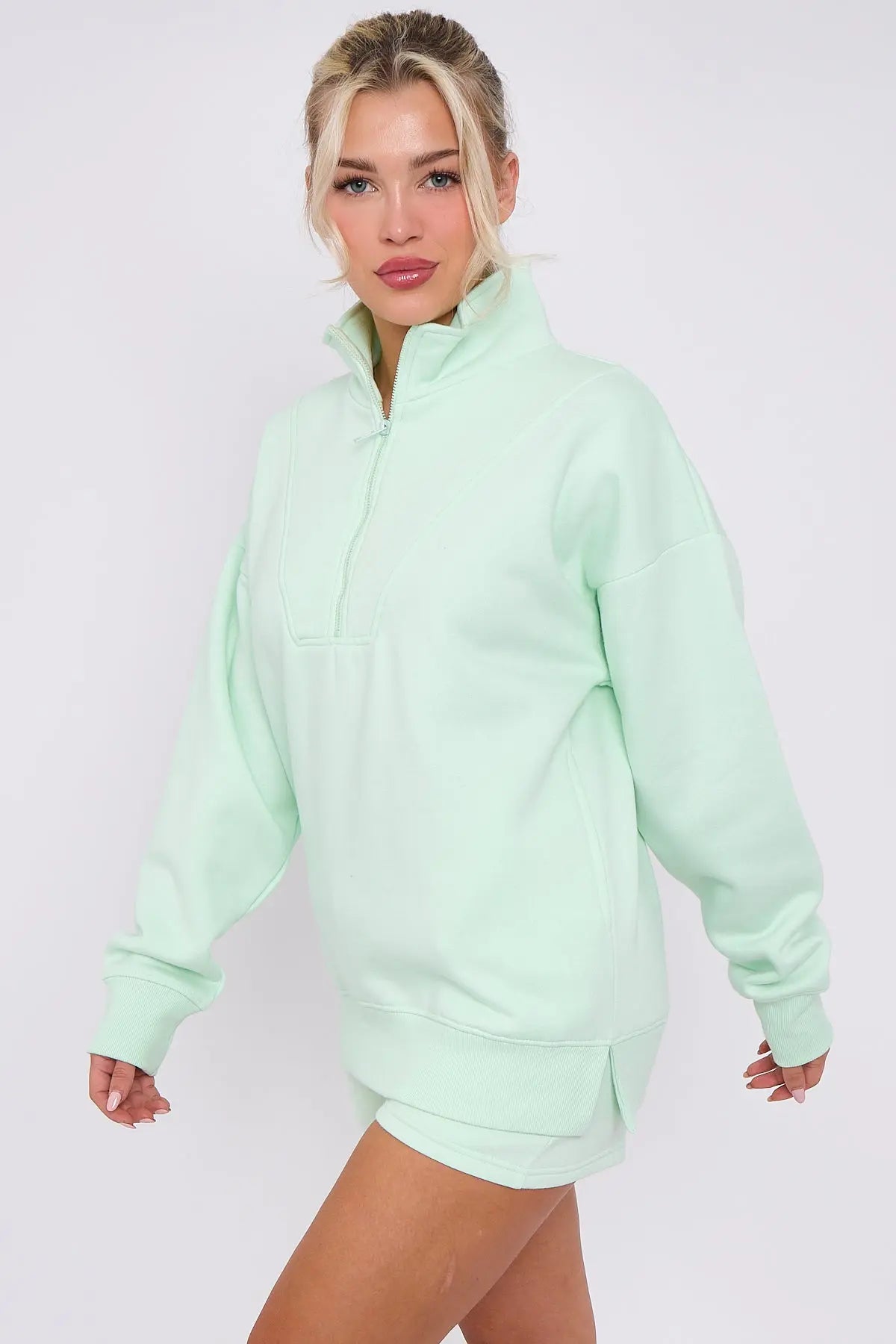 Half Zip Sweat Shirt Top And Shorts Loungewear Set in Fleece CICAY