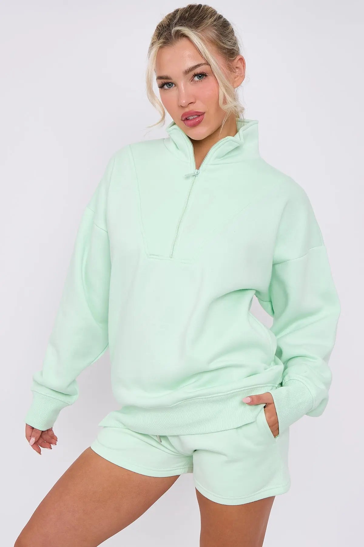 Half Zip Sweat Shirt Top And Shorts Loungewear Set in Fleece CICAY