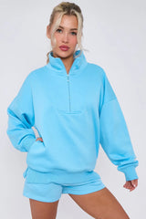 Half Zip Sweat Shirt Top And Shorts Loungewear Set in Fleece