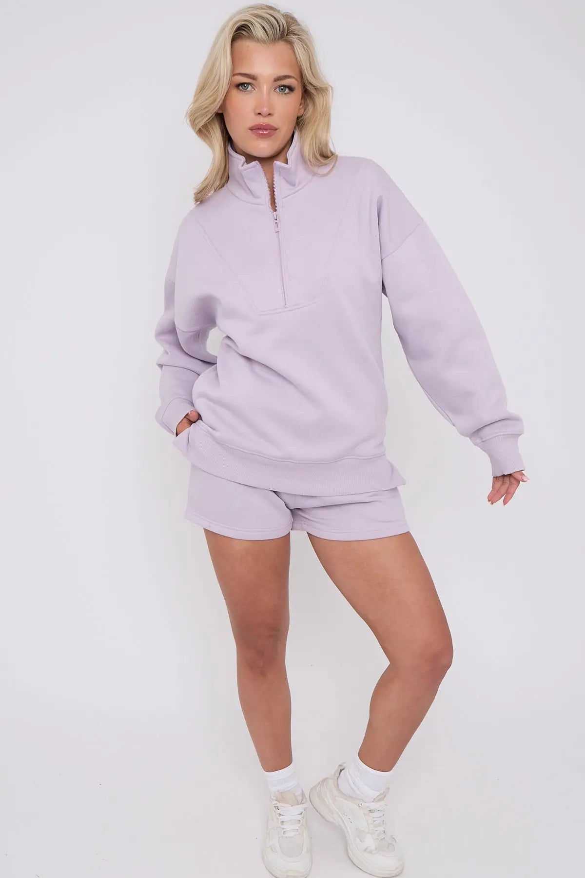 Half Zip Sweat Shirt Top And Shorts Loungewear Set in Fleece CICAY