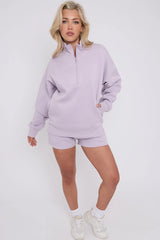 Half Zip Sweat Shirt Top And Shorts Loungewear Set in Fleece CICAY