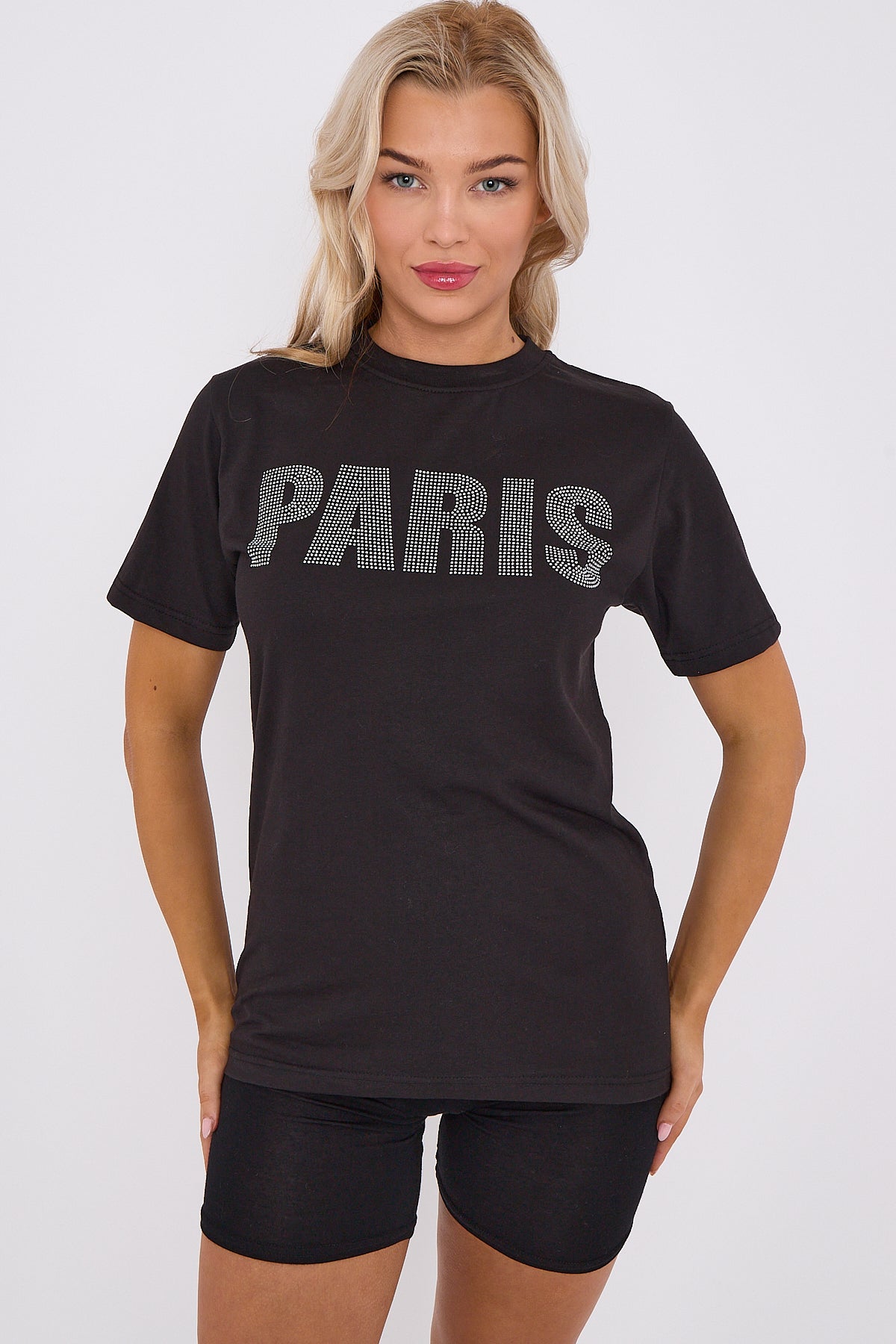 Diamante Paris Regular Fit Round Neck  Rhinestone Embellished T-Shirt