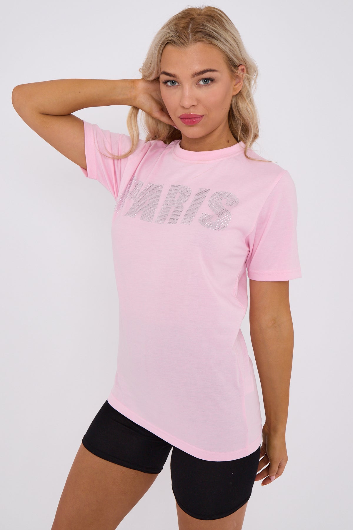 Diamante Paris Regular Fit Round Neck  Rhinestone Embellished T-Shirt