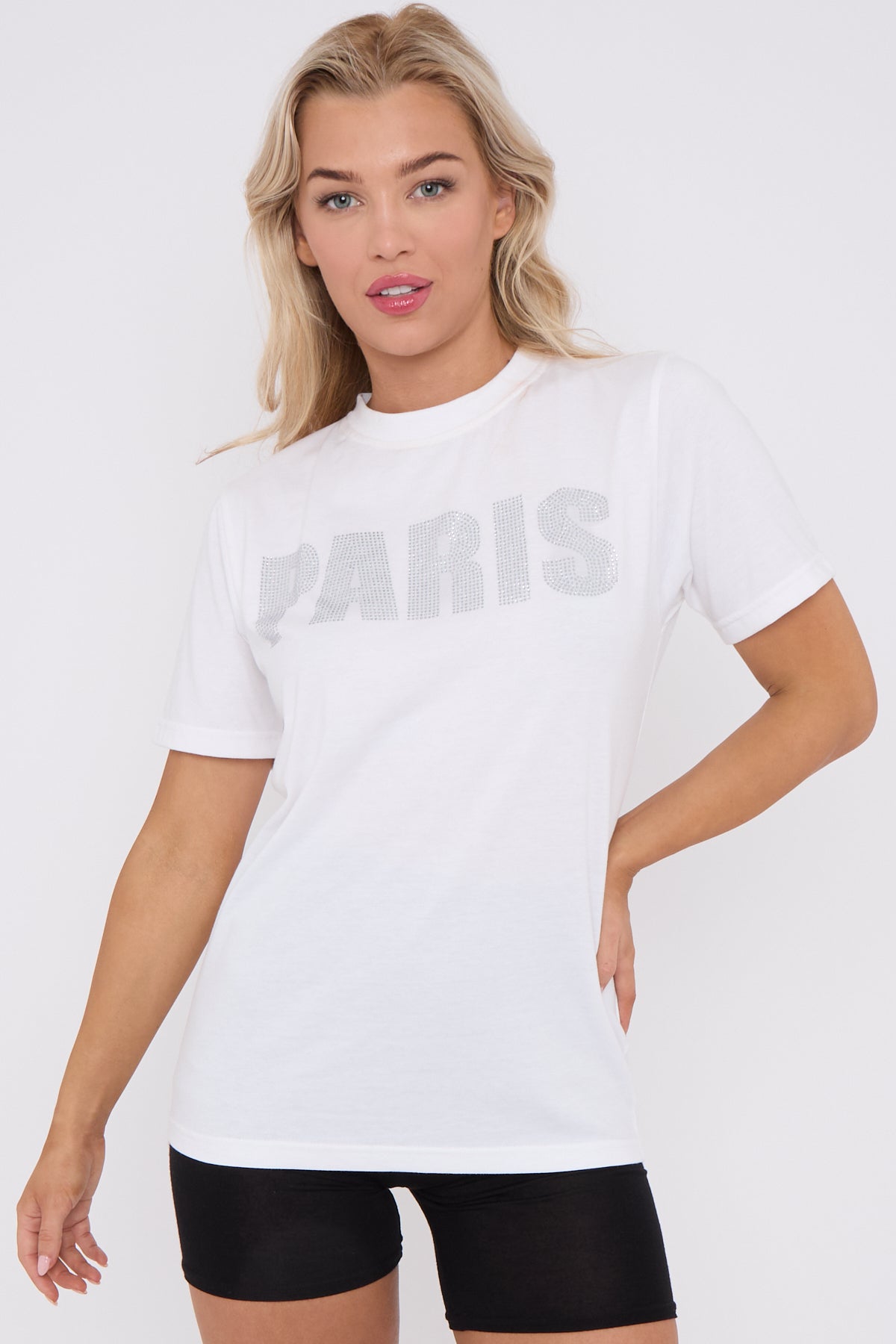 Diamante Paris Regular Fit Round Neck  Rhinestone Embellished T-Shirt