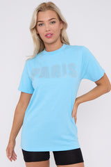 Diamante Paris Regular Fit Round Neck  Rhinestone Embellished T-Shirt