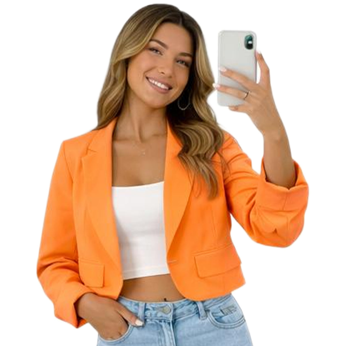 Woman wearing an orange blazer and taking a selfie on a white background