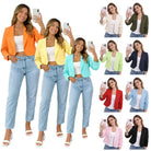 Grid of a woman in various colored blazers with a white top and blue jeans, holding a phone.