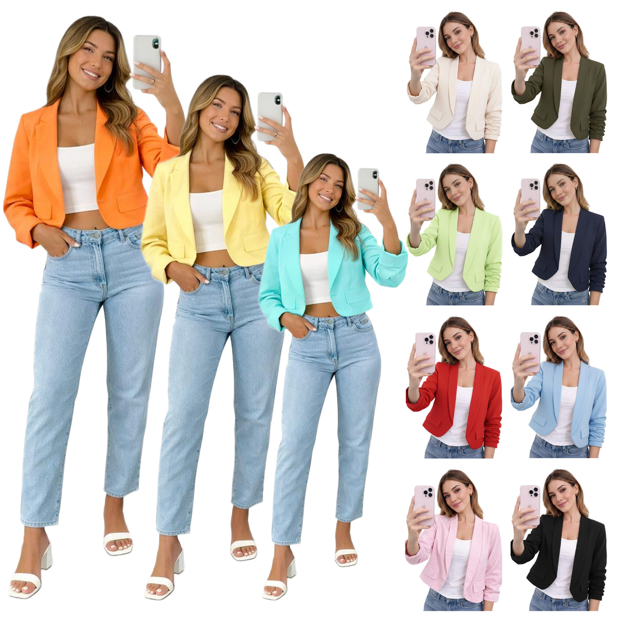 Grid of a woman in various colored blazers with a white top and blue jeans, holding a phone.