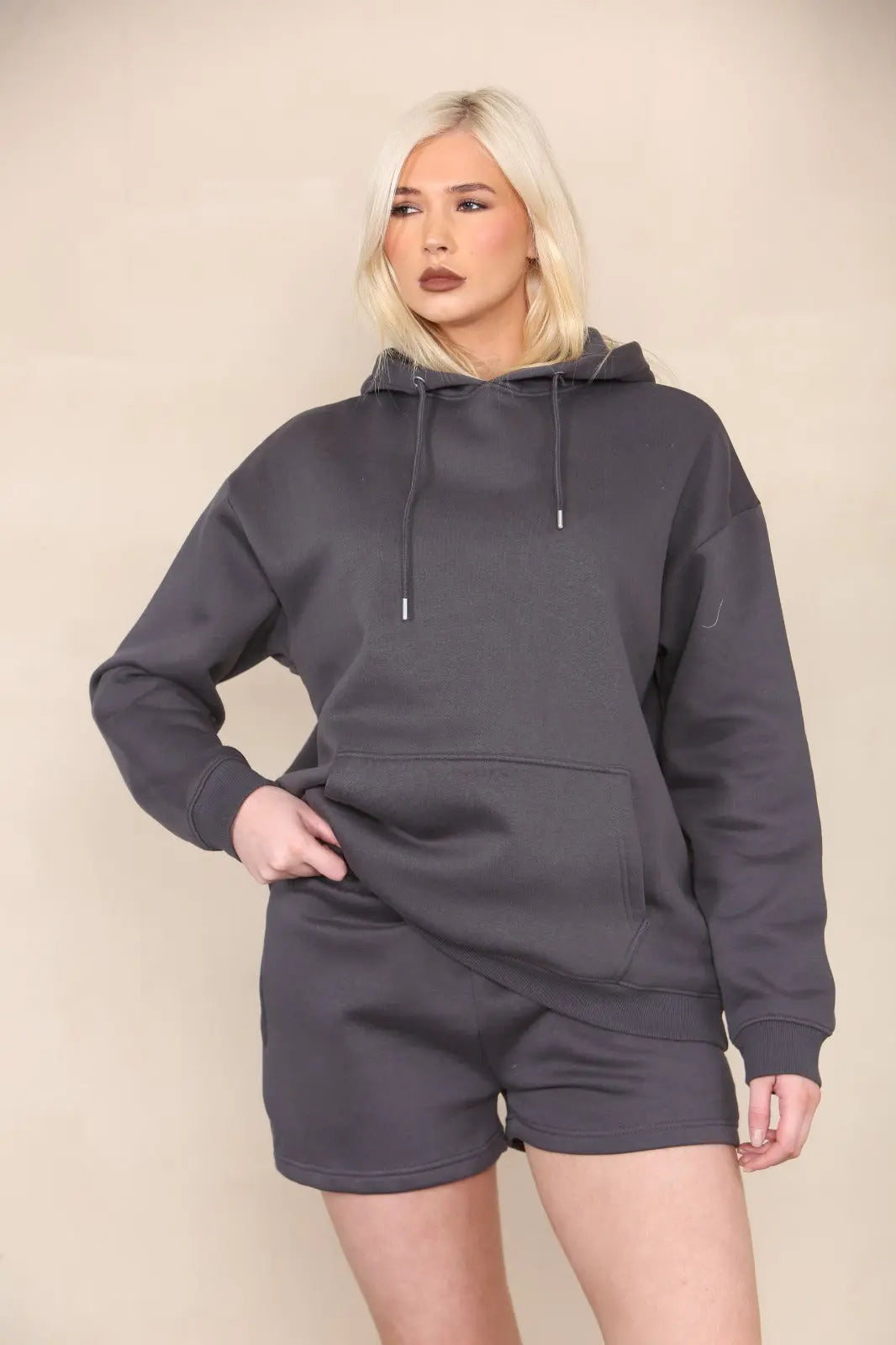 Oversized Pullover Hoodie and Short Loungewear Set Charcoal Grey Cicay