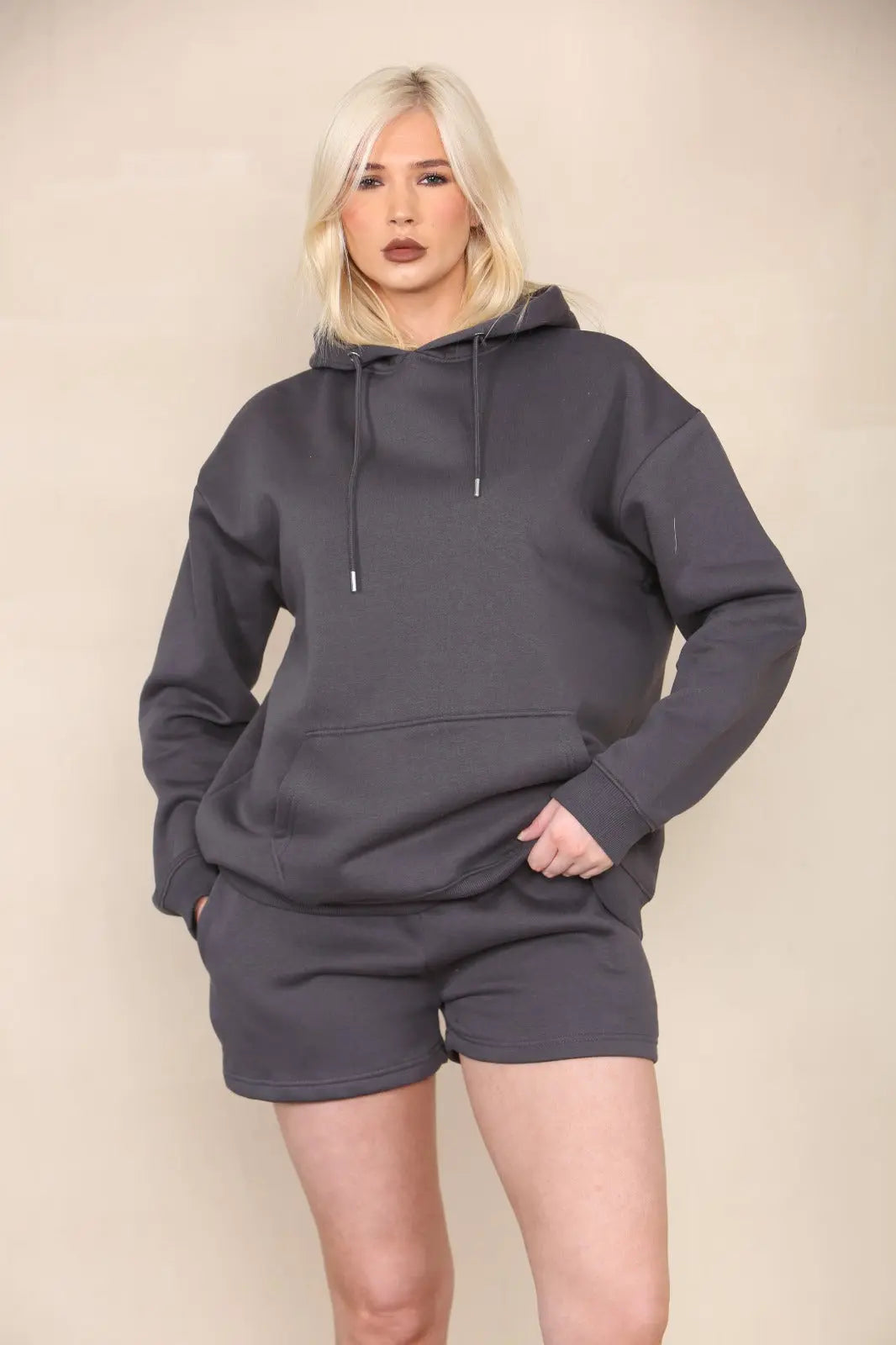 Oversized Pullover Hoodie and Short Loungewear Set Charcoal Grey Cicay