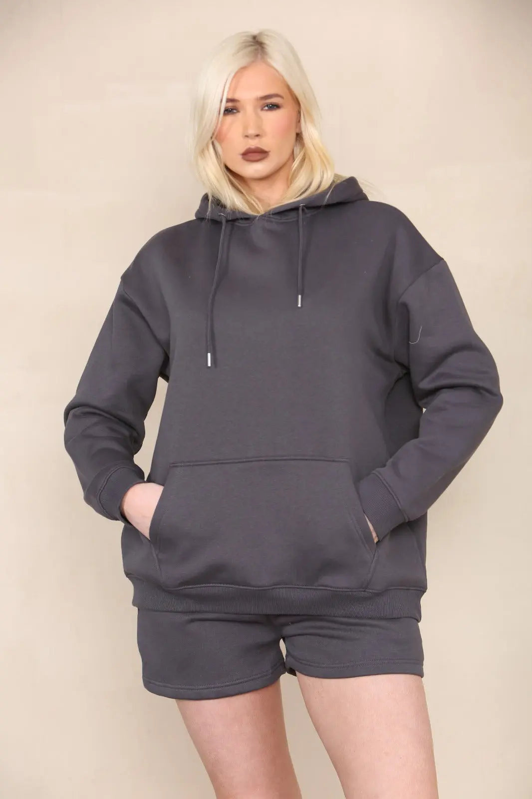 Oversized Pullover Hoodie and Short Loungewear Set Charcoal Grey Cicay