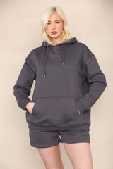 Oversized Pullover Hoodie and Short Loungewear Set Charcoal Grey Cicay