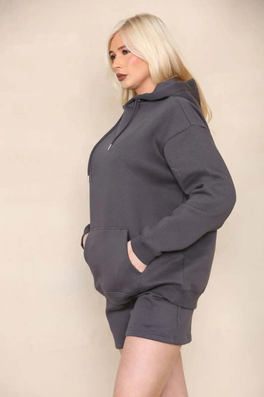 Oversized Pullover Hoodie and Short Loungewear Set Charcoal Grey Cicay