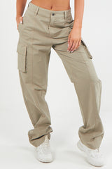 Women's Twill Combat Stretch Straight Leg French Seam Cotton Cargo Low Waist Trousers