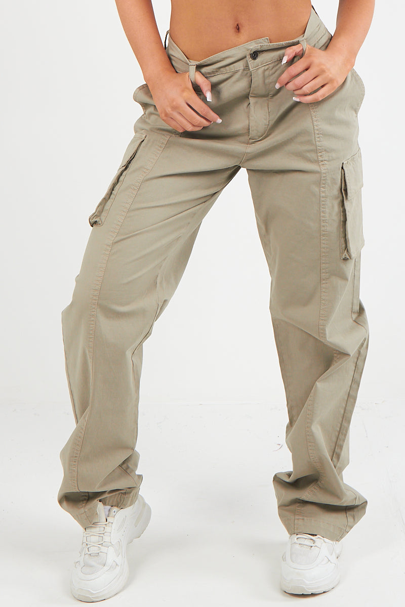 Women's Twill Combat Stretch Straight Leg French Seam Cotton Cargo Low Waist Trousers