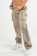 Women's Twill Combat Stretch Straight Leg French Seam Cotton Cargo Low Waist Trousers