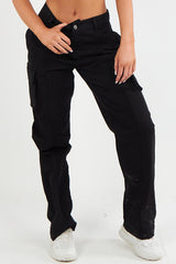 Women's Twill Combat Stretch Straight Leg French Seam Cotton Cargo Low Waist Trousers