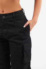 Women's Twill Combat Stretch Straight Leg French Seam Cotton Cargo Low Waist Trousers