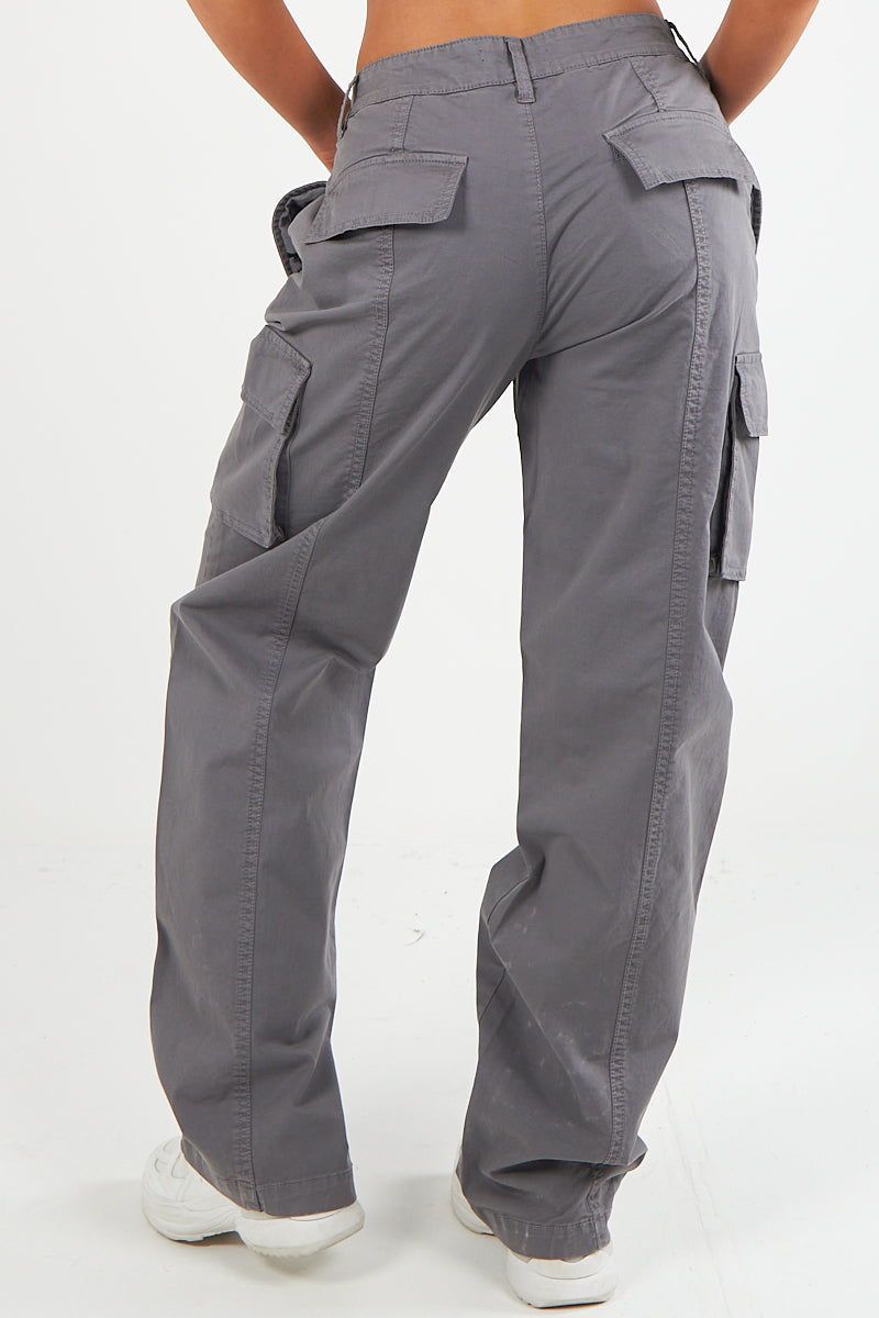 Women's Twill Combat Stretch Straight Leg French Seam Cotton Cargo Low Waist Trousers