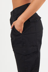 Women's Cuffed Hem Twill Combat Stretch French Seam Pocketed  Cotton Cargo Low Waist Trousers