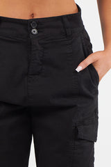 Women's Cuffed Hem Twill Combat Stretch French Seam Pocketed  Cotton Cargo Low Waist Trousers