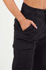 Women's Cuffed Hem Twill Combat Stretch French Seam Pocketed  Cotton Cargo Low Waist Trousers