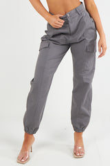 Women's Cuffed Hem Twill Combat Stretch French Seam Pocketed  Cotton Cargo Low Waist Trousers