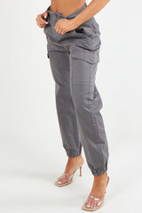 Women's Cuffed Hem Twill Combat Stretch French Seam Pocketed  Cotton Cargo Low Waist Trousers