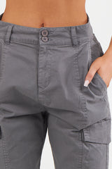 Women's Cuffed Hem Twill Combat Stretch French Seam Pocketed  Cotton Cargo Low Waist Trousers